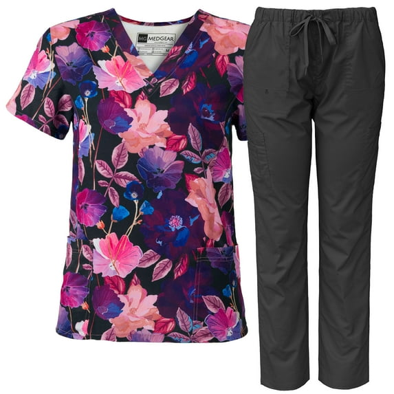 Medgear Women Scrubs V-neck Print Top and Multi-pocket Scrubs Pants Combo