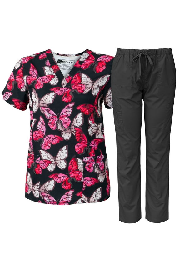 Women Scrubs V-neck Print Top and Multi-pocket Scrubs Pants Combo