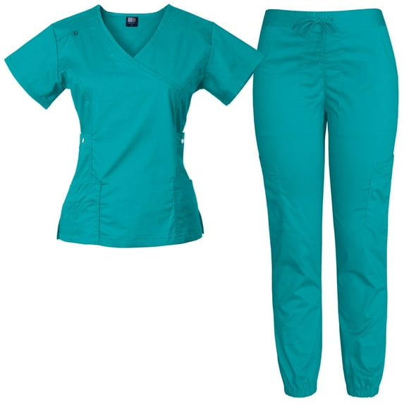 Medgear Women's 12-Pocket Stretch Jogger Scrub Set, Teal, S