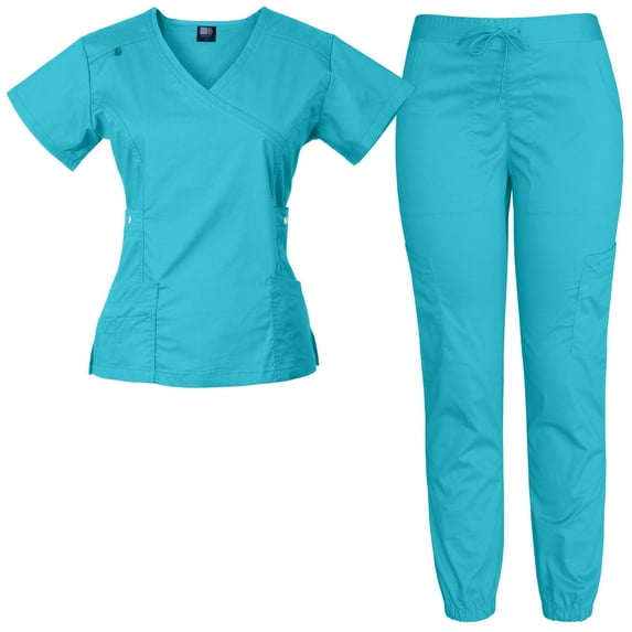 Medgear Women's 12-Pocket Stretch Jogger Scrub Set, Turquoise, L