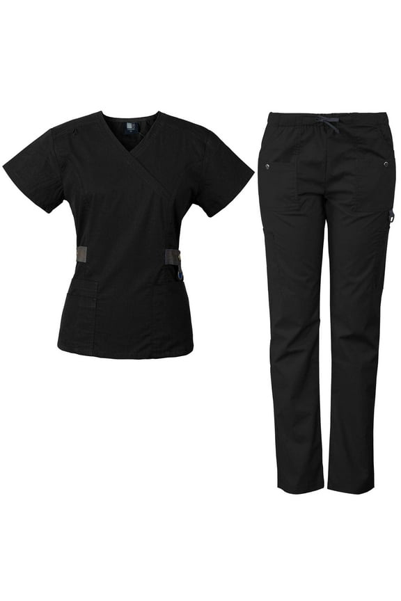 Women's Scrub Set with 12 Pockets, Silver Snap Detail & Contrast Trim