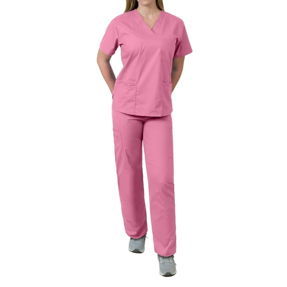 Medgear Womens Scrubs Set V-Neck Top and Drawstring Pant Medical Uniform