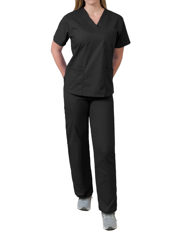 Womens Scrubs Set V-Neck Top and Drawstring Pant Medical Uniform