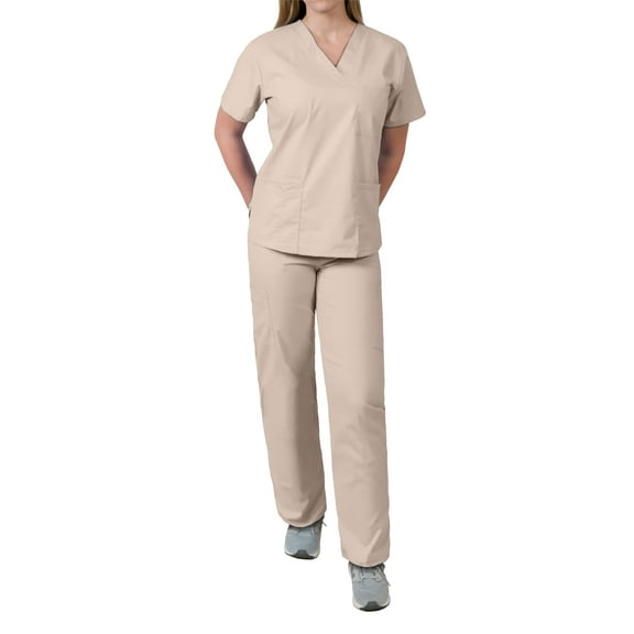 Medgear Womens Scrubs Set V-Neck Top and Drawstring Pant Medical Uniform