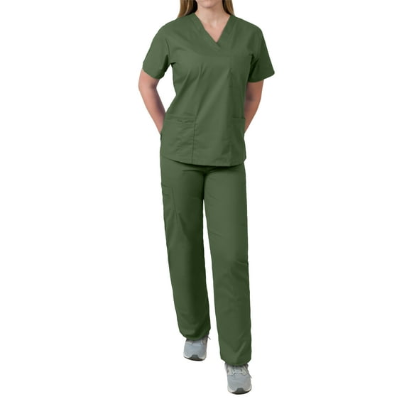 Medgear Womens Scrubs Set V-Neck Top and Drawstring Pant Medical Uniform