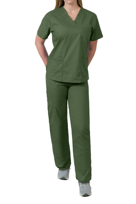 Womens Scrubs Set V-Neck Top and Drawstring Pant Medical Uniform