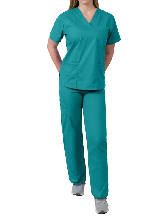 Womens Scrubs Set V-Neck Top and Drawstring Pant Medical Uniform