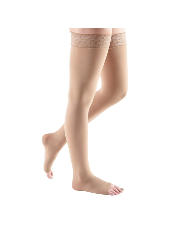 Medi Comfort Thigh High, Open Toe, Petite, w/Lace Top-Band, (Size: VI) 15-20mmHg Natural
