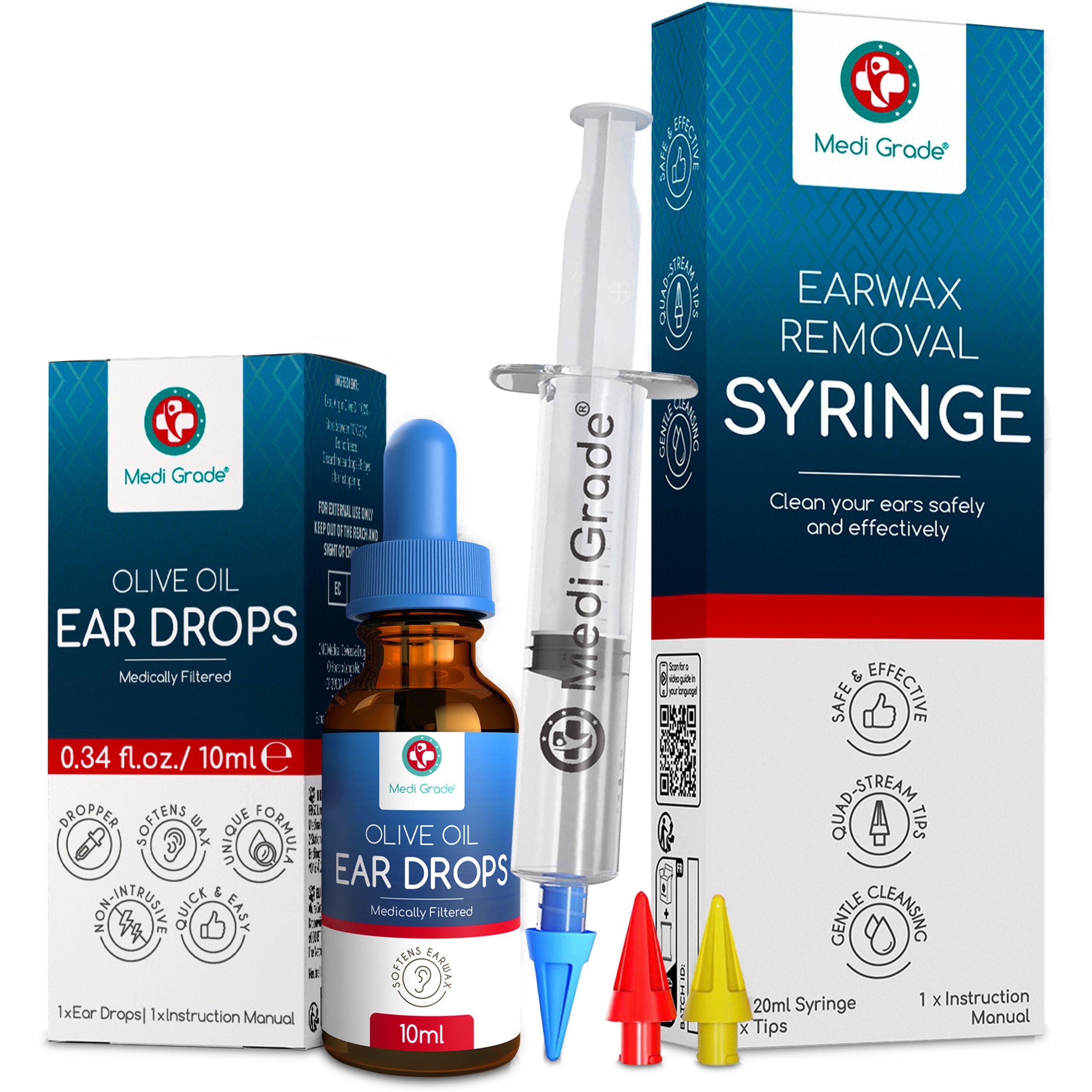 Medi Grade Ear Wax Removal Kit with Ear Syringe and Earwax Removal Drops - Reusable Ear Irrigation Flushing System for Home Use - Includes 3 Quad-Stream Tips for Comfortable Deep Ear Wax Removal