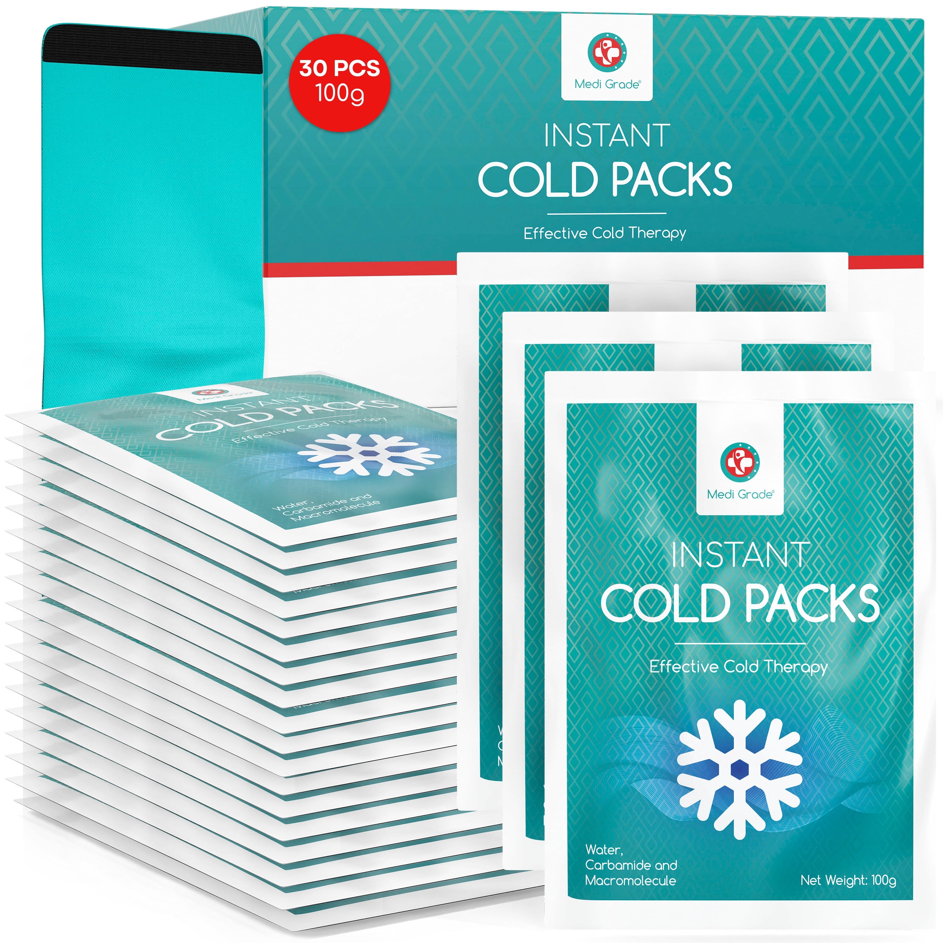 Medi Grade Instant Cold Packs, 30 Packs of 3.5oz (4.5”x6”)- Disposable Cold Packs for Cooling Relief, No Freezer Needed - Cold Pack for Injuries, Knee and Ankle Cold Pack Wrap with Stabilisation Band