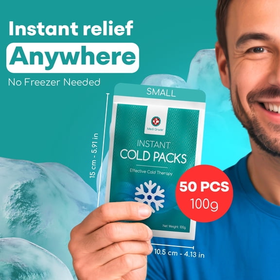 Medi Grade Instant Cold Packs, 50 Packs of 3.5oz (4.5”x6”)- Disposable Cold Packs for Cooling Relief, No Freezer Needed - Cold Pack for Injuries, Knee and Ankle Cold Pack Wrap with Stabilisation Band
