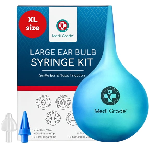 Medi Grade Large Ear Bulb Syringe, 3.04 fl oz - Translucent Bulb Ear Wax Removal Tool with Quad-Stream Tip Ear Cleaner - Travel Friendly and Gentle Ear Cleaning Kit