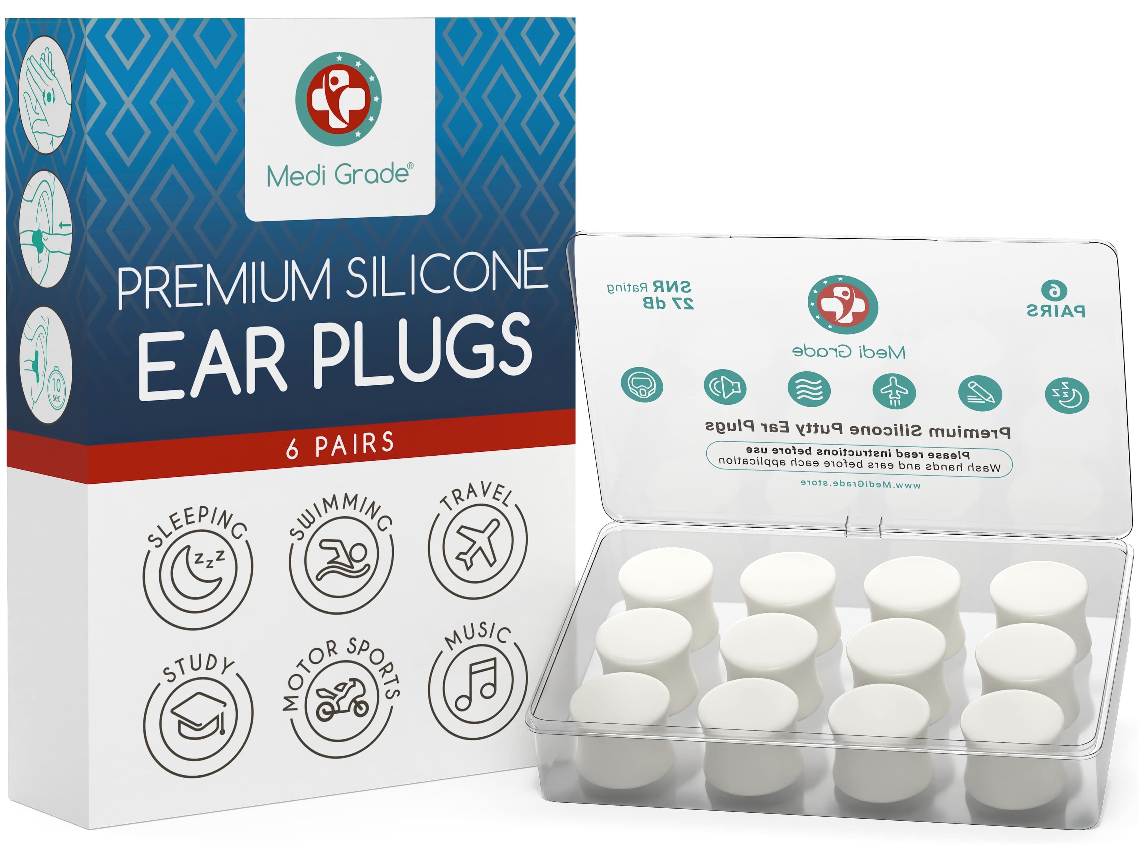 Medi Grade Premium Silicone Ear Plugs for Sleep, 6 Pairs, 27dB - Mouldable and Reusable Noise Cancelling Silicone Ear Plugs for Sleeping, Swimming and Concerts - Ear Plugs Noise Cancelling