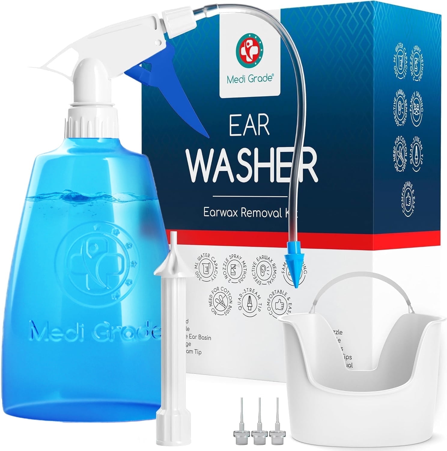 Medi Grade Wax Removal Kit Bottle & Basin Set with Quad-Stream Tip for Hearing Clarity, 300m