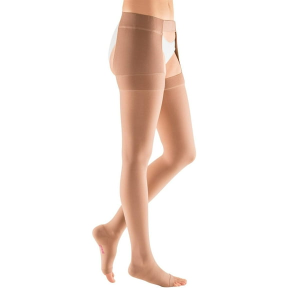 Medi Plus Thigh High w/Right Side Attachment, Open Toe, 20-30mmHg (Size: V) Beige