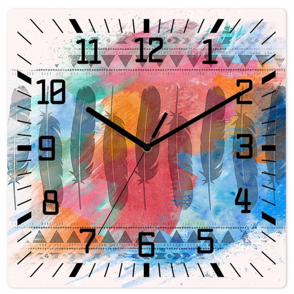 Medi-eval Feather, Wooden Wall Clock Silent Non Ticking, Bohemia Abstract Geometric Shabby Chic Art Square Wall Clocks Battery Operated, Decor Clock for Home Office, Living Room, Kitchen, 10 Inch