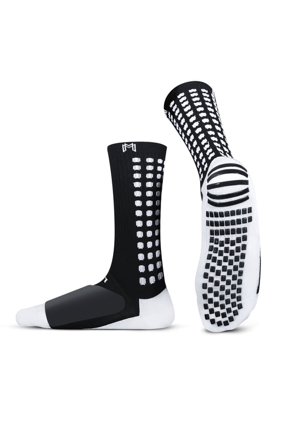 Lite - Protective Athletic Grip Sock with Metatarsal Padding Shock Protection, Anti-Slip Grip Pads, White Non Slip Socks for Soccer, Football, Lacrosse - Black