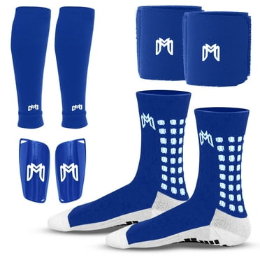 MediCaptain Soccer Grip Socks, Shin Guards, Pre-Cut Sock Sleeves, and Guard Straps Bundle Pack - Essential Equipment for Soccer Players - for Mens, Women with Size 8 to 12 US Men Shoe Size (Blue)