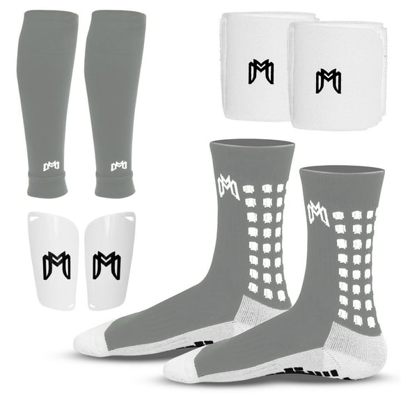 MediCaptain Soccer Grip Socks, Shin Guards, Pre-Cut Sock Sleeves, and Guard Straps Bundle Pack - Essential Equipment for Soccer Players - for Mens, Women with Size 8 to 12 US Men Shoe Size (Gray)