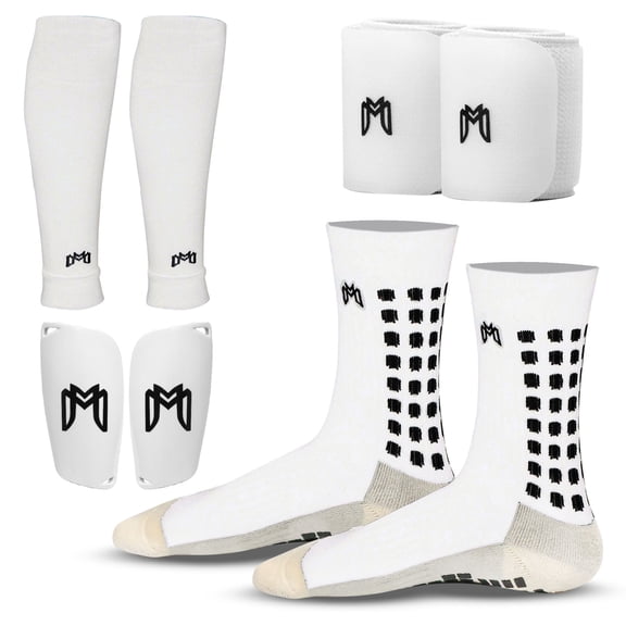 MediCaptain Soccer Training Bundle for Soccer Cleats with Grip Socks, Shin Guards, Pre-cut Sock Sleeves and Straps, US Mens, Women with Size 8 to 12, White