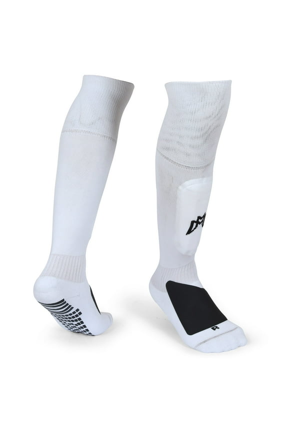 Ultimate Soccer Sock with Shin Guard - Metatarsal Pad - Anti Slip Grip| Mens Womens Long Athletic Sock for Soccer, Football, Training, White Knee Sock