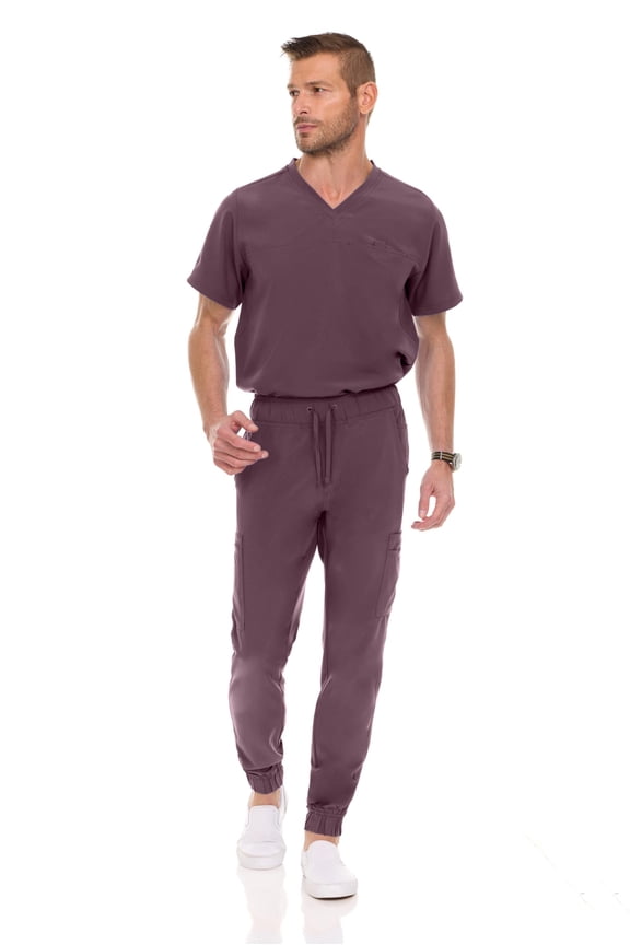 Men's Scrubs Set – Stretch V-Neck Workwear, 7-Pocket Jogger Pants, Flex Medical Uniforms, Plum Small