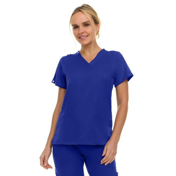 MediChic Women's V-Neck Scrub Top - 3-Pocket, 4-Way Stretch, Comfortable Medical Uniform, Galaxy Blue 5X-Large