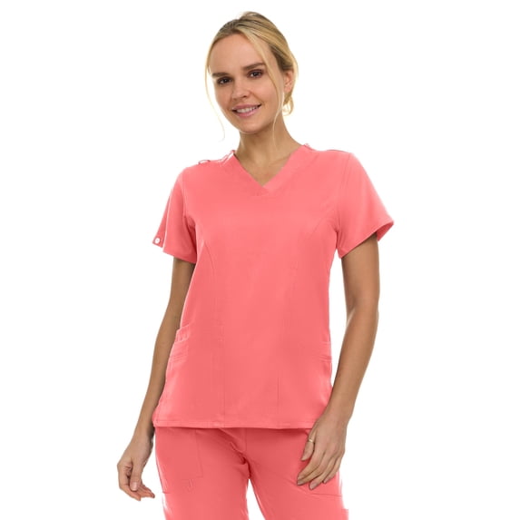 MediChic Women's V-Neck Scrub Top - 3-Pocket, 4-Way Stretch, Comfortable Medical Uniform, Coral Medium