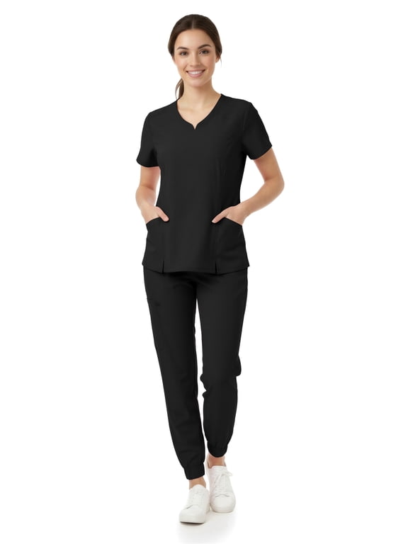 Women’s Premium Medical Uniform Set – V-Neck Scrub Top & Jogger Pants, Soft Stretch Fabric, 4-Way Stretch, Lightweight Nursing Scrubs with 6 Pockets, Black Medium