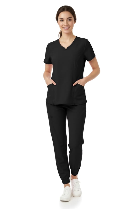 Women’s Premium Medical Uniform Set – V-Neck Scrub Top & Jogger Pants, Soft Stretch Fabric, 4-Way Stretch, Lightweight Nursing Scrubs with 6 Pockets, Black Small