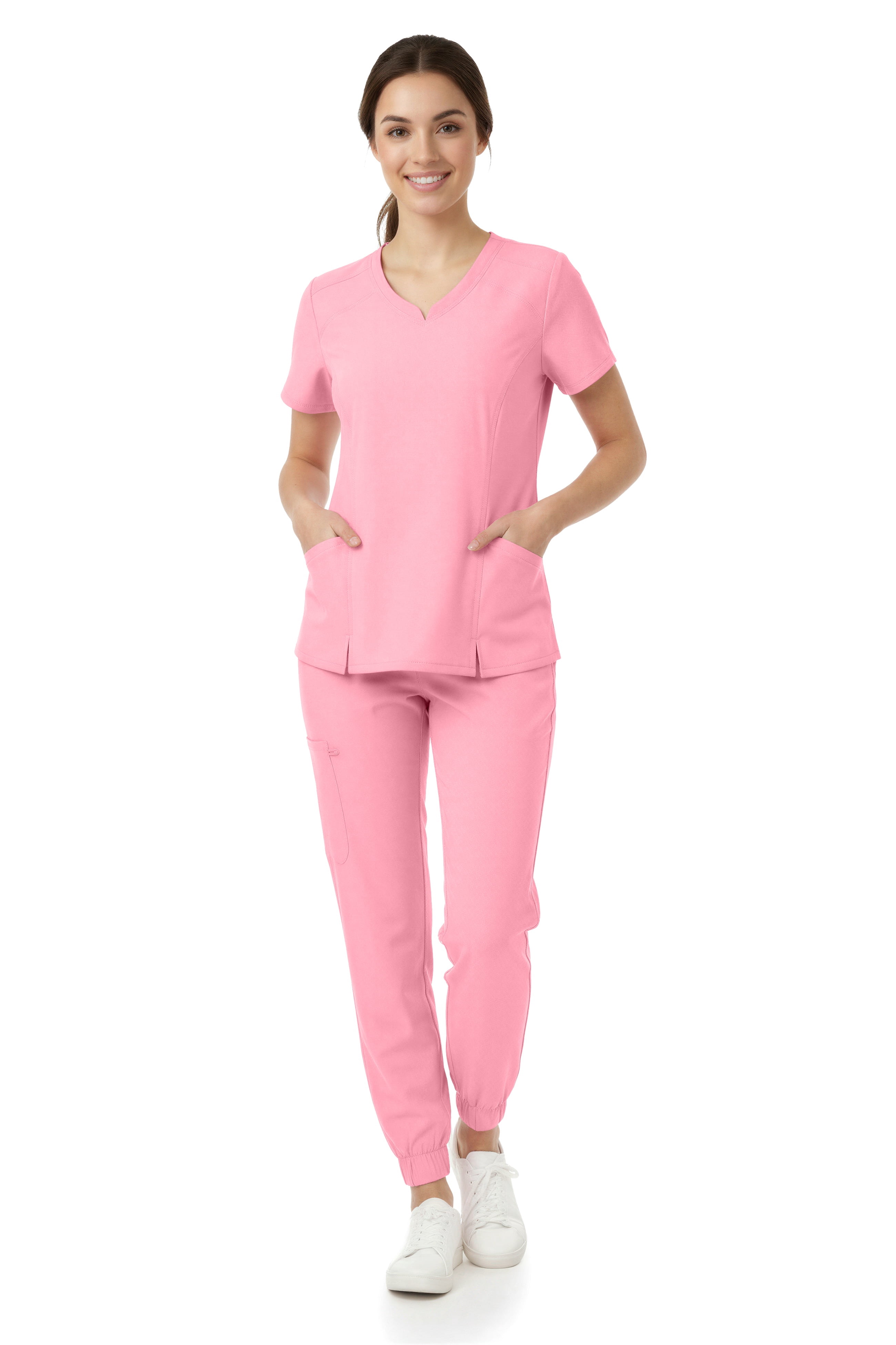Women’s Premium Medical Uniform Set – V-Neck Scrub Top & Jogger Pants, Soft Stretch Fabric, 4-Way Stretch, Lightweight Nursing Scrubs with 6 Pockets, Bubble Gum X Small
