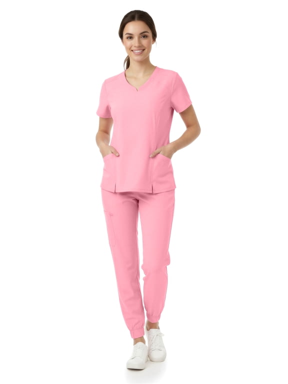 Women’s Premium Medical Uniform Set – V-Neck Scrub Top & Jogger Pants, Soft Stretch Fabric, 4-Way Stretch, Lightweight Nursing Scrubs with 6 Pockets, Bubble Gum 2X
