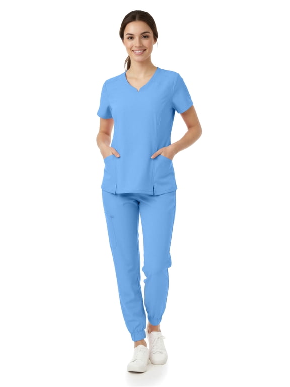 Women’s Premium Medical Uniform Set – V-Neck Scrub Top & Jogger Pants, Soft Stretch Fabric, 4-Way Stretch, Lightweight Nursing Scrubs with 6 Pockets, Ceil Medium