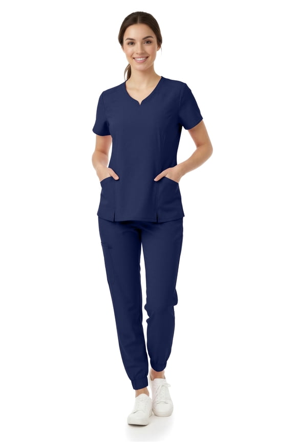 Women’s Premium Medical Uniform Set – V-Neck Scrub Top & Jogger Pants, Soft Stretch Fabric, 4-Way Stretch, Lightweight Nursing Scrubs with 6 Pockets, Navy Medium