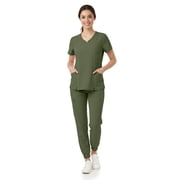 MediChic Women s Premium Medical Uniform Set   V-Neck Scrub Top & Jogger Pants, Soft Stretch Fabric, 4-Way Stretch, Lightweight Nursing Scrubs with 6 Pockets, Olive 2X