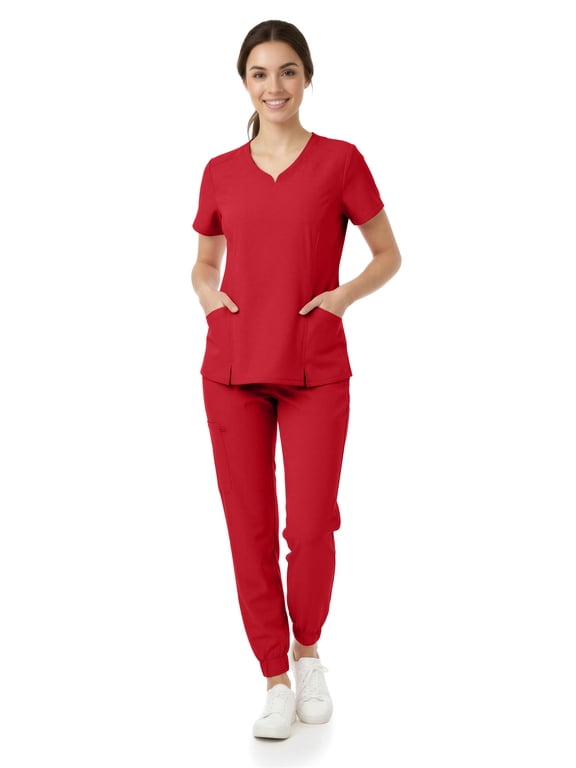 Women’s Premium Medical Uniform Set – V-Neck Scrub Top & Jogger Pants, Soft Stretch Fabric, 4-Way Stretch, Lightweight Nursing Scrubs with 6 Pockets, Red Extra Large