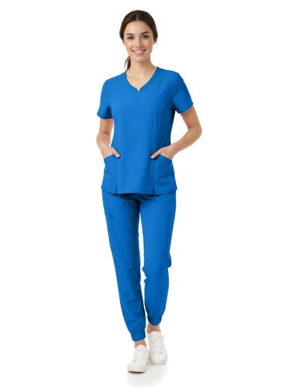 Women’s Premium Medical Uniform Set – V-Neck Scrub Top & Jogger Pants, Soft Stretch Fabric, 4-Way Stretch, Lightweight Nursing Scrubs with 6 Pockets, Royal Medium