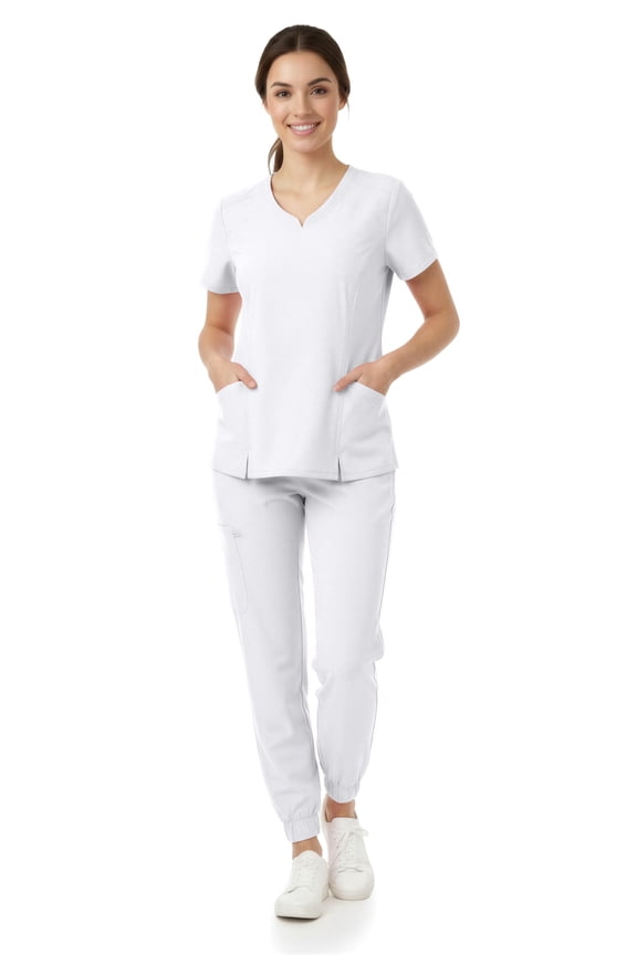 Women’s Premium Medical Uniform Set – V-Neck Scrub Top & Jogger Pants, Soft Stretch Fabric, 4-Way Stretch, Lightweight Nursing Scrubs with 6 Pockets, White Medium