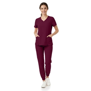 MediChic Women’s Premium Medical Uniform Set – V-Neck Scrub Top & Jogger Pants, Soft Stretch Fabric, 4-Way Stretch, Lightweight Nursing Scrubs with 6 Pockets, Wine Extra Large