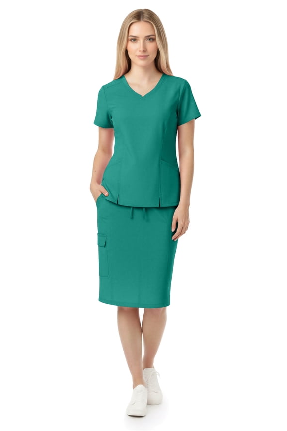 Women’s Premium Medical Uniform Skirt Set – V-Neck Scrub Top & Scrub Skirt, Soft Stretch Fabric, 4-Way Stretch, Lightweight Nursing Scrubs with 6 Pockets