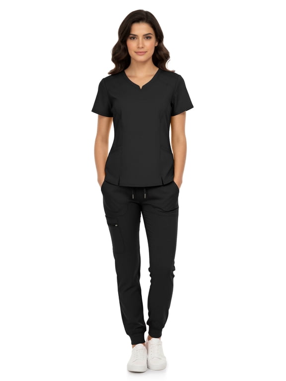 Women’s Premium Scrub Set – V-Neck Notch Scrub Top & 6-Pocket Jogger Scrub Pants, 4-Way Stretch, Medical Uniform Black XXS