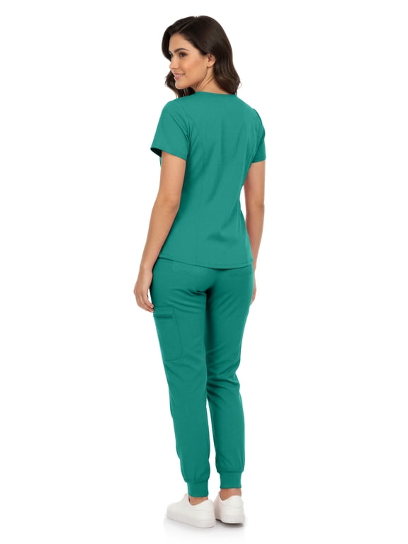 Women’s Premium Scrub Set – V-Neck Notch Scrub Top & 6-Pocket Jogger Scrub Pants, 4-Way Stretch, Medical Uniform Hunter Large