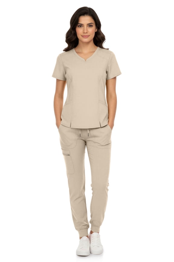 Women’s Premium Scrub Set – V-Neck Notch Scrub Top & 6-Pocket Jogger Scrub Pants, 4-Way Stretch, Medical Uniform Khaki Medium