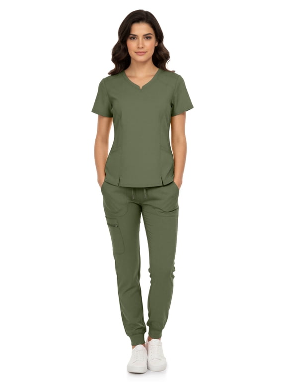 Women’s Premium Scrub Set – V-Neck Notch Scrub Top & 6-Pocket Jogger Scrub Pants, 4-Way Stretch, Medical Uniform Olive XS
