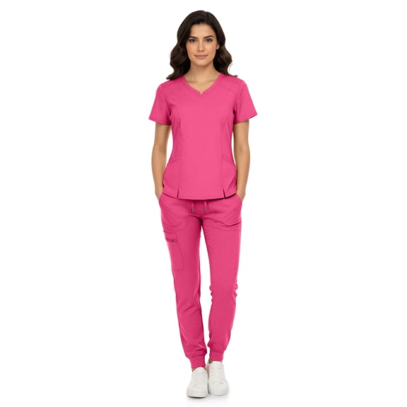 MediChic Women’s Premium Scrub Set – V-Neck Notch Scrub Top & 6-Pocket Jogger Scrub Pants, 4-Way Stretch, Medical Uniform Shocking Pink Large