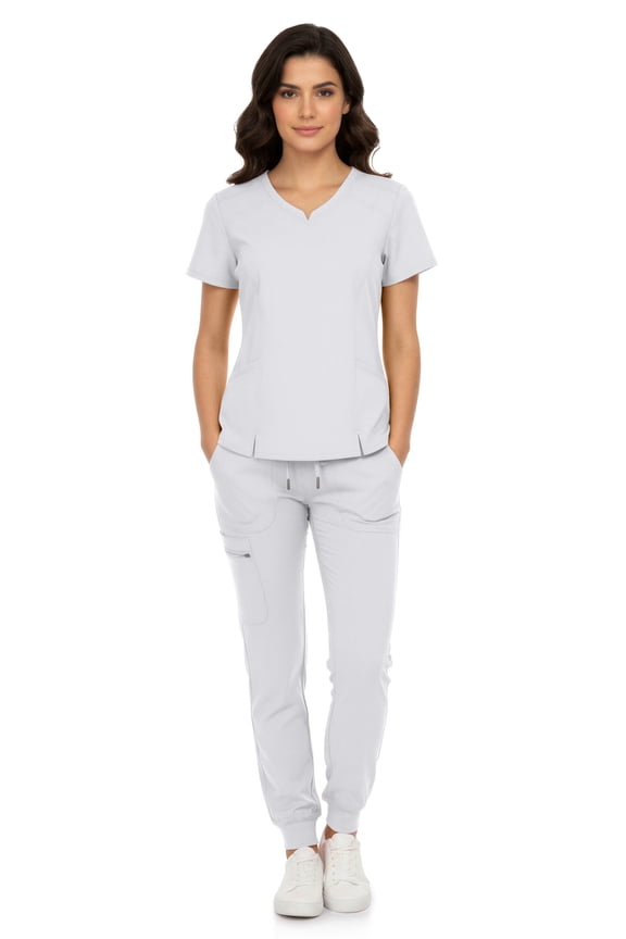 Women’s Premium Scrub Set – V-Neck Notch Scrub Top & 6-Pocket Jogger Scrub Pants, 4-Way Stretch, Medical Uniform White Large
