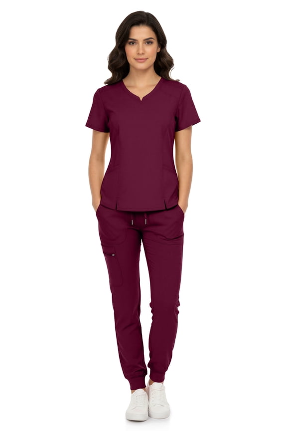 Women’s Premium Scrub Set – V-Neck Notch Scrub Top & 6-Pocket Jogger Scrub Pants, 4-Way Stretch, Medical Uniform Wine X-Large
