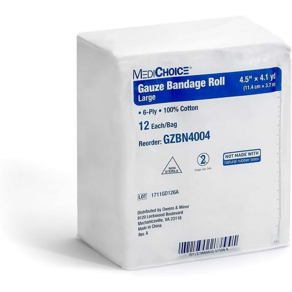 MediChoice Gauze Roll Bandage, 6-Ply, Non-Sterile, Hypoallergenic, 4.5 Inch x 4.1 Yards, White, 1314GZBN4004 (Case of 48)