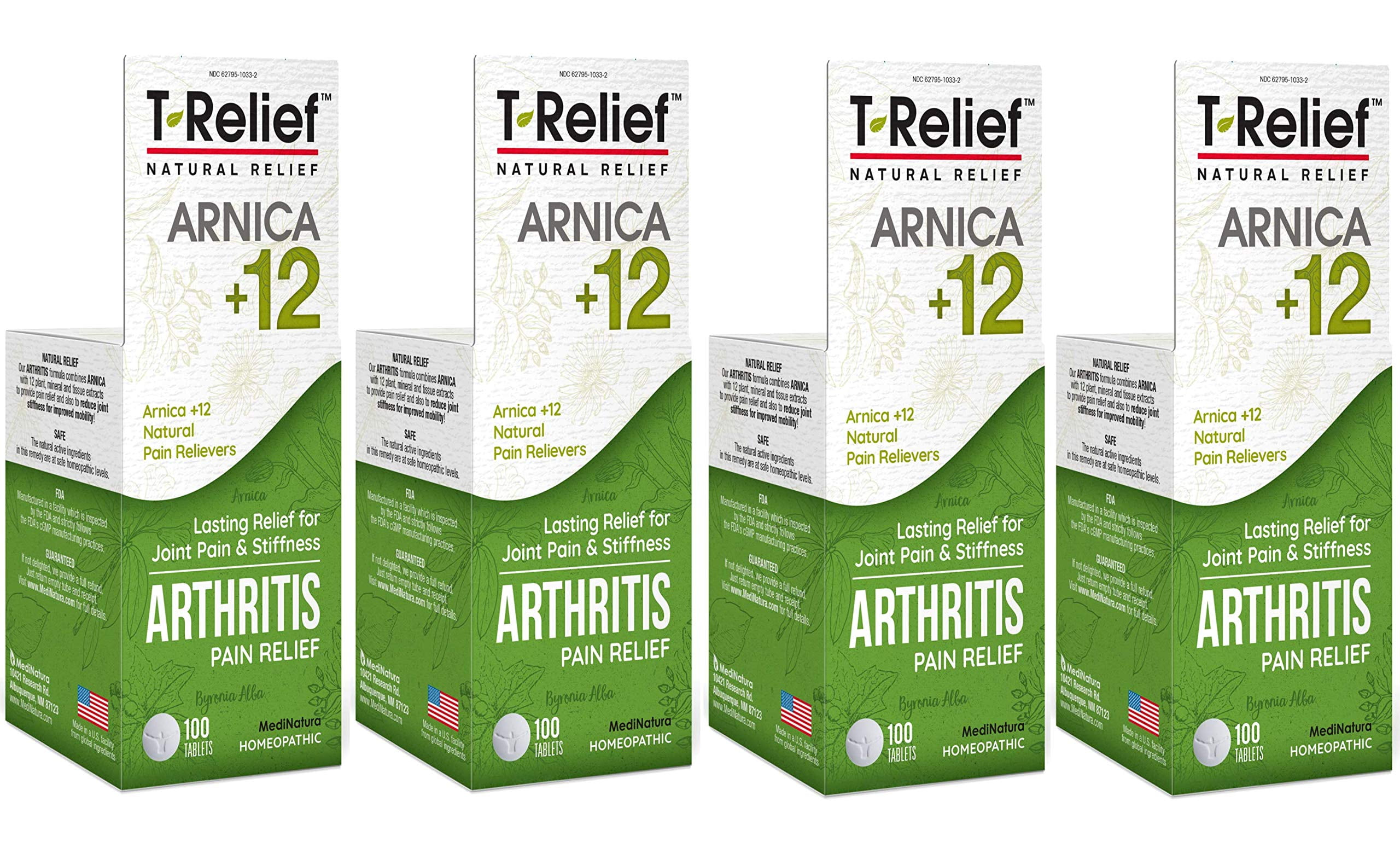 MediNatura T-Relief Extra Strength Arthritis Pain Reliever Arnica +12 Natural Medicines for Joint Soreness Stiffness Aches, Quick Dissolving Pain Relief for Women & Men - 100 Tablets (4 Pack)