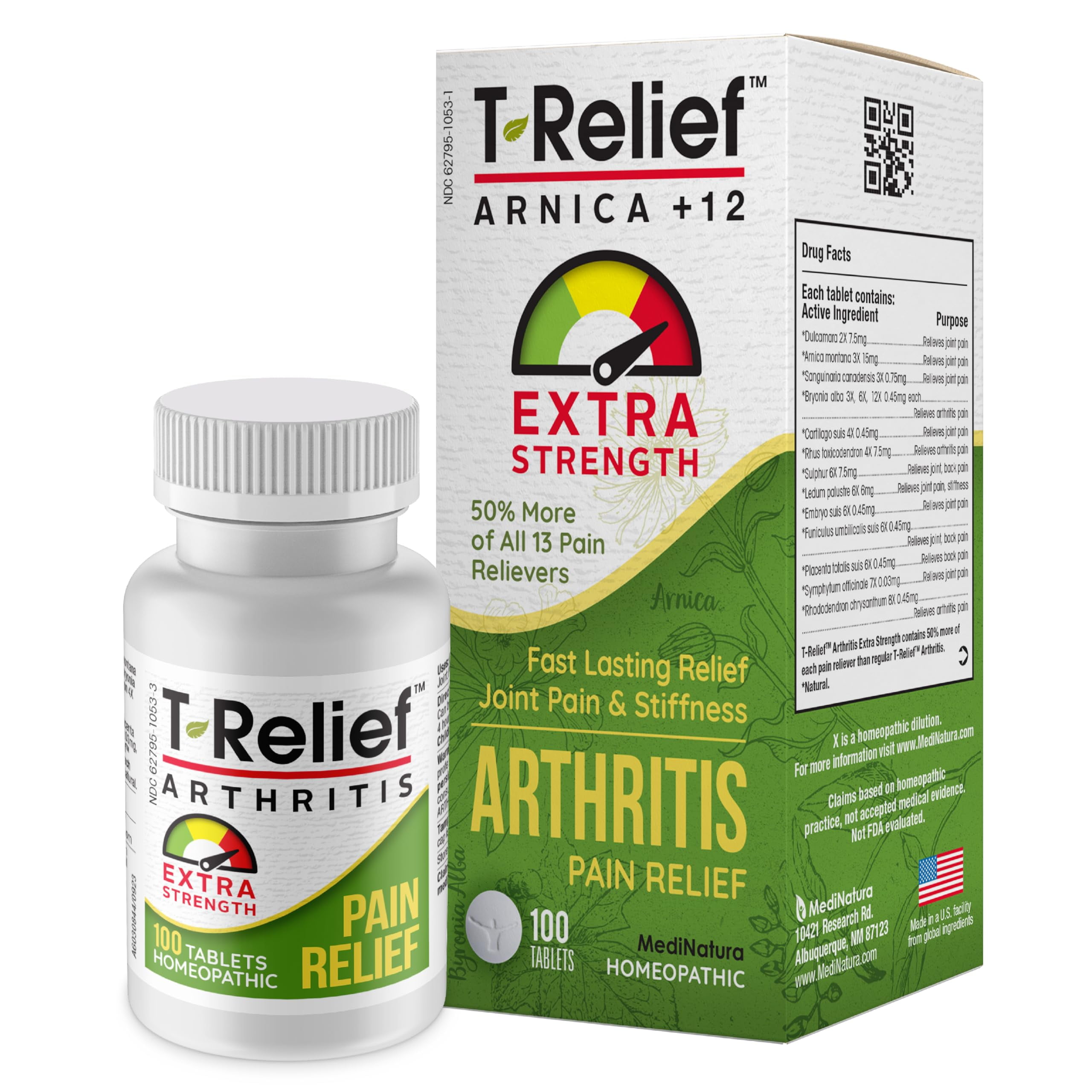 T-Relief Extra Strength Arthritis Pain Reliever Arnica +12 Natural Medicines for Joint Soreness Stiffness Aches, Quick Dissolving Pain Relief for Women & Men - 100 Tablets